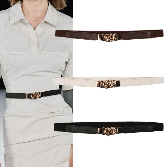 Eoperou Women Belt Narrow Elastic Band Imitation Leather Anti-slip Adjustable Metal Chain Buckle Tight Waist Decoration Dress Sweater Shirt Waist Strap Waistband