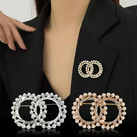 Eoperou Women Brooch Faux Pearl Double Ring Shape Stainless Anti-slip Wear-resistant Coat Collar Hat Scarf Decoration Clothes Pin Garment Jewelry