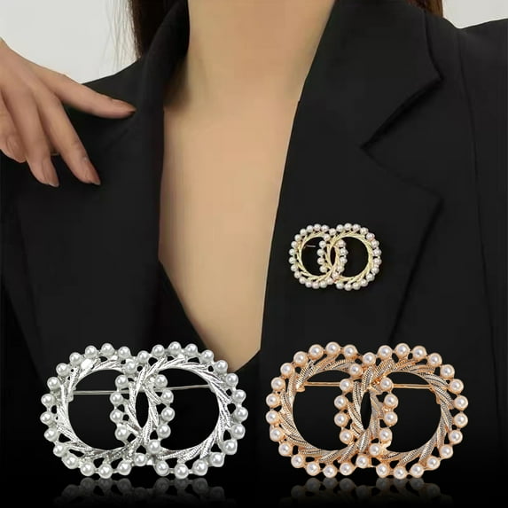 Eoperou Women Brooch Faux Pearl Double Ring Shape Stainless Anti-slip Wear-resistant Coat Collar Hat Scarf Decoration Clothes Pin Garment Jewelry