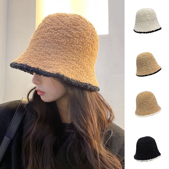 Eoperou Women Bucket Hat Color Matching Brimless Windproof Autumn Winter Faux Lambswool Ear Protector Dome Fisherman Hat for Outdoor