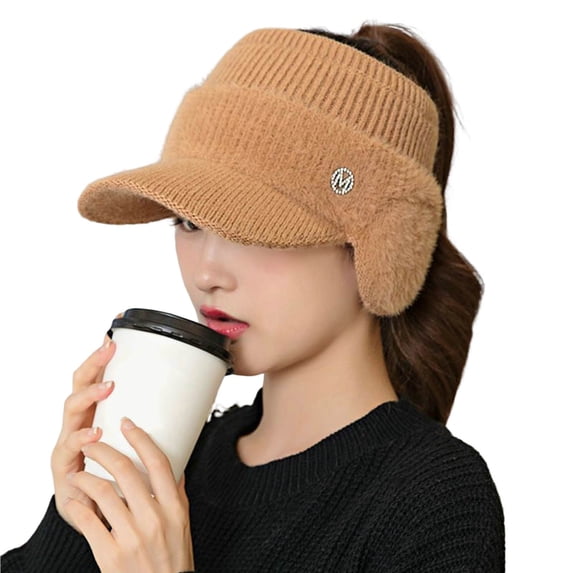 Eoperou Women Earflap Hat Solid Color Empty Top Stretch Autumn Winter Windproof Sun Protection Knitted Baseball Hat Riding Supplies