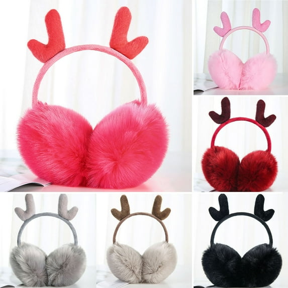 Eoperou Women Earmuff Faux Rabbit Fur Deer Antler Soft Solid Color Non-slip Ear Protection Comfortable Autumn Winter Girls Ear Warmer for Daily Life