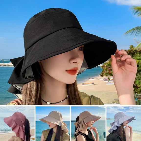 Eoperou Women Fisherman Hat Wide Brim Solid Color Bow-knot Round Decorative Sunscreen Breathable Foldable Windproof Summer Sun Hat Headwear