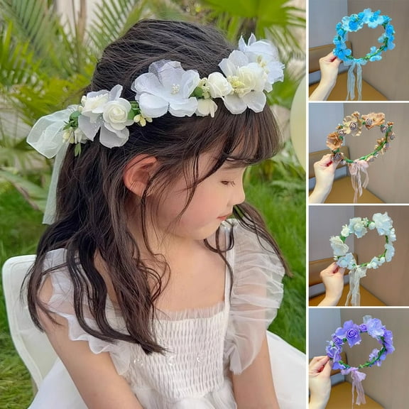 Eoperou Women Flower Hairband Lace Up Adjustable Anti-slip Princess Style Fairy Girls Flower Children Wreath Photo Prop Bridal Wedding Headband Flower Crown Hair Accessories
