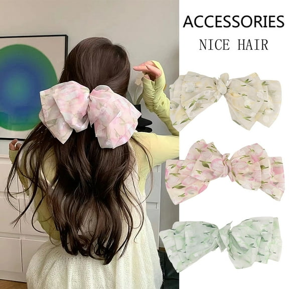 Eoperou Women Hair Barrette Fabric Bow Floral Print Multi-layered Mesh Anti-slip Decorative Large Size Stainless Lady Girls Hairpin Hair Accessories