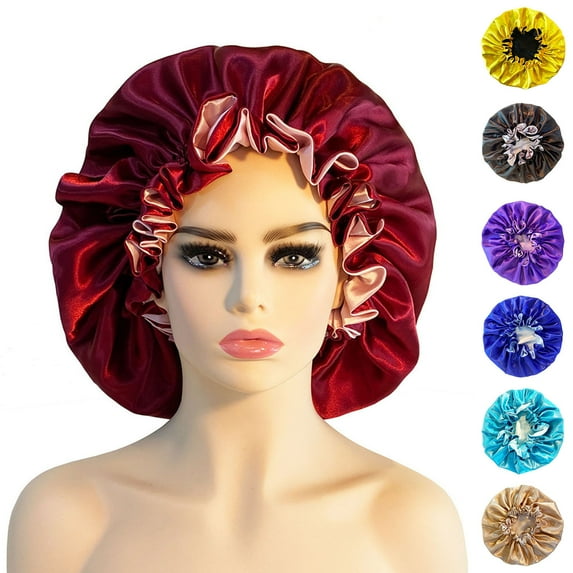 Eoperou Women Hair Bonnet Double-layer Shirring Edge Solid Color Large Smooth Surface Hair Protection Silky Satin Elastic Water Spa Head Wrap Hair Styling Accessories