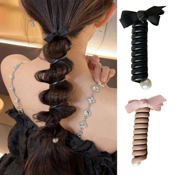 Eoperou Women Hair Ring Bow-knot Faux Pearl Decor Telephone Line Ponytail Decoration Solid Color Ant-break Hair Rope High Elastic Tie Hair Rubber Band