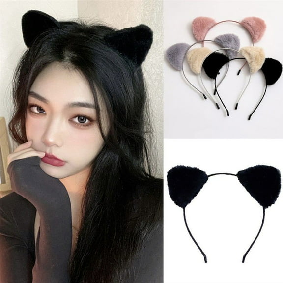 Eoperou Women Hairband Soft Fluffy Plush Cartoon Kitty Ear Decor Elastic Narrow Brim Anti-slip Regular Fit Solid Color Head Decoration Hair Hoop