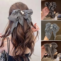 Eoperou Women Hairpin Big Bow-knot Multi Layers Faux Pearl Elegant Long Hair Decoration Ponytail Clip Plaid Print Hair Clip for Party
