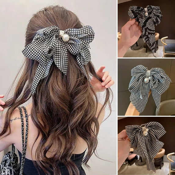 Eoperou Women Hairpin Big Bow-knot Multi Layers Faux Pearl Elegant Long Hair Decoration Ponytail Clip Plaid Print Hair Clip for Party