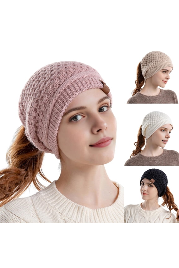 Women Hat Knitted Thick with Ponytail Hole Solid Color Keep Warm Beanie Elastic Ear Outdoor Camping Travel Skating Headwear