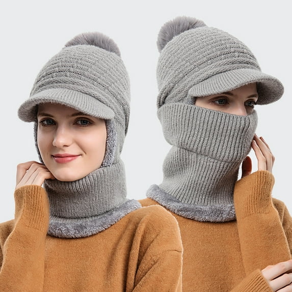 Eoperou Women Hat Ultra-Thick Solid Color Fur Pom-Pom Stretchy Windproof Keep Warm Yarn One-piece Warm Ear Knitted Hat with Neck Wrap for Camping