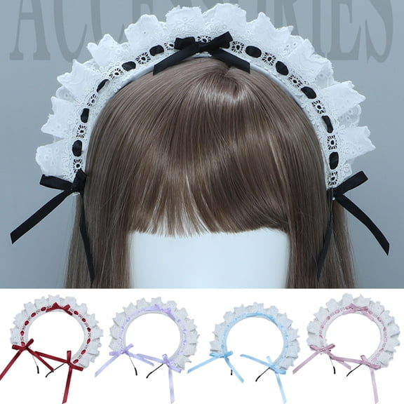 Eoperou Women Headband Lolita Style Lace Hollow Out Bow-knot Shirring Cosplay Cartoon Maid Anime Hair Band Photography Prop