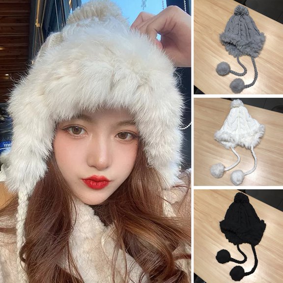 Eoperou Women Knitted Beanie Hat Twist Pattern Solid Color Thickened Fleece Lined Autumn Winter Pompoms Ear Protection Russian Hat Streetwear