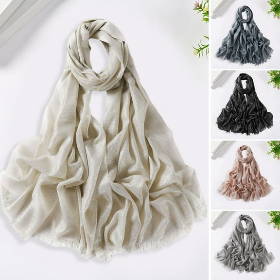 Eoperou Women Scarf Retro Shiny Tassel Solid Color Headscarf Wide Long Decorative Windproof Glossy Washable Lady Shawl Clothes Accessory