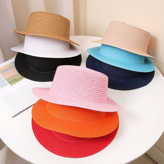 Eoperou Women Straw Hat Sun Anti UV Wide Brim Flat Top Solid Color Foldable Breathable Outdoor Camping Fishing Sun Cap Vacation Beach Hat