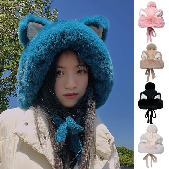 Eoperou Women Winter Cute Cat Ears Plush Hat Solid Color Ear Protection Knitting Hat Lace-up Keep Warm Headgear