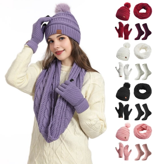 Eoperou Women Winter Hat Scarf Gloves Socks Set - 4 Pcs/Set Thick Plush Knitted Warm Cap Touch Screen Gloves Elastic Ear Protection Windproof Winter Outdoor