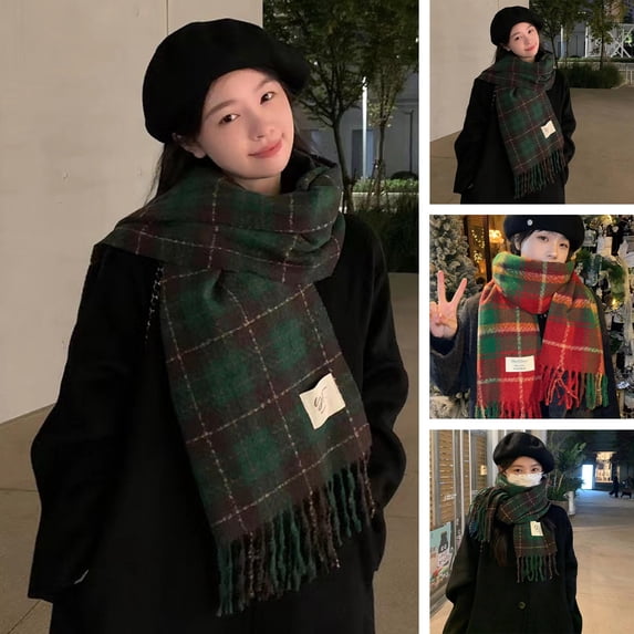 Eoperou Women Winter Scarf Retro Tassel Decor Thick Warm Soft Cozy Wide Long Color Matching Wimdproof Neck Protection Washable Outdoor Shawl Shoulder Wrap