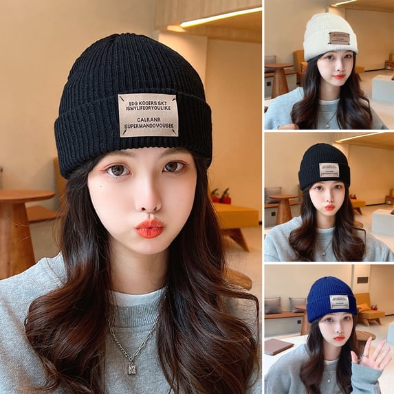 Eoperou Women Winter Solid Color Knitting Hat Logo Pattern Ribbed Beanie Hat Fine Workmanship Thickened Warm Skiing Hat Streetwear