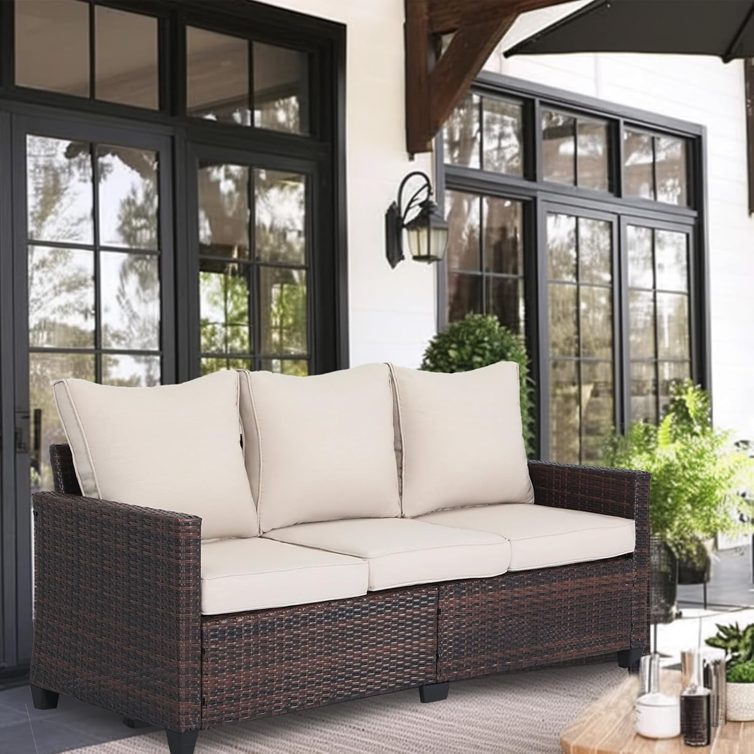 EortheX Outdoor Patio Sofa, 3-Seat Rattan Wicker Couch for Garden Deck or Porch, Comfortable All-Weather Patio Furniture with Anti-Slip Cushions (Beige)