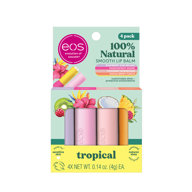 Eos 100% Natural Lip Balm Set- Tropical Variety Pack, 0.14 oz, Pack of 4