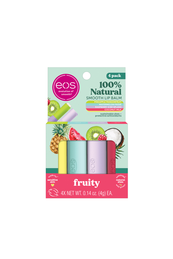 100% Natural Lip Balm Sticks- Fruity Variety Pack, 0.14 oz, 4 per Pack