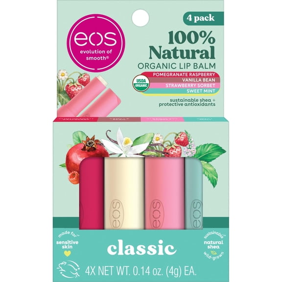 eos 100% Natural & Organic Lip Balm- Strawberry, Mint, Pomegranate, Vanilla, 0.14 oz, 4 Pack