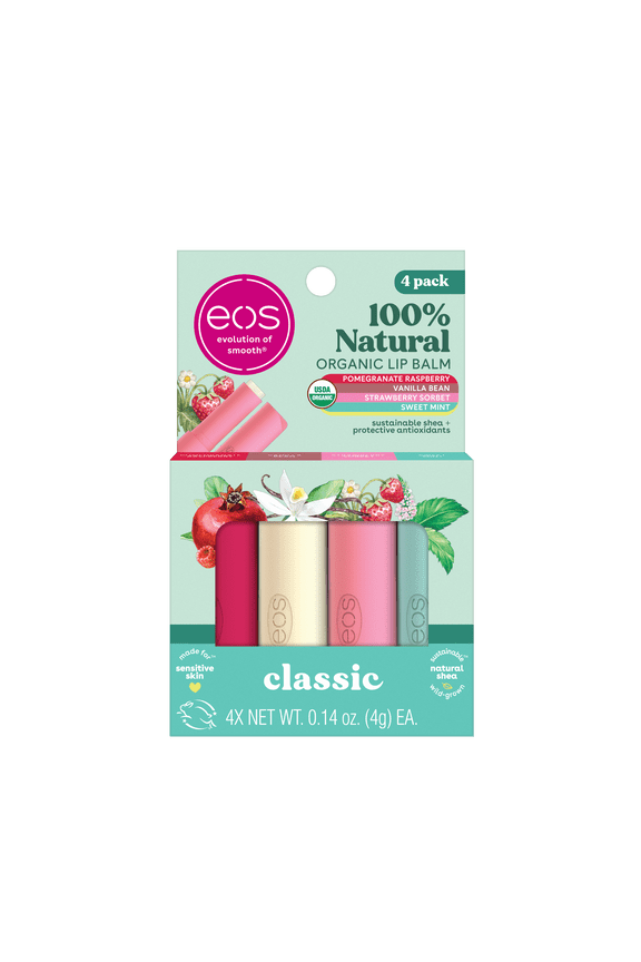 100% Natural & Organic Lip Balm- Strawberry, Mint, Pomegranate, Vanilla, 0.14 oz, 4 Pack