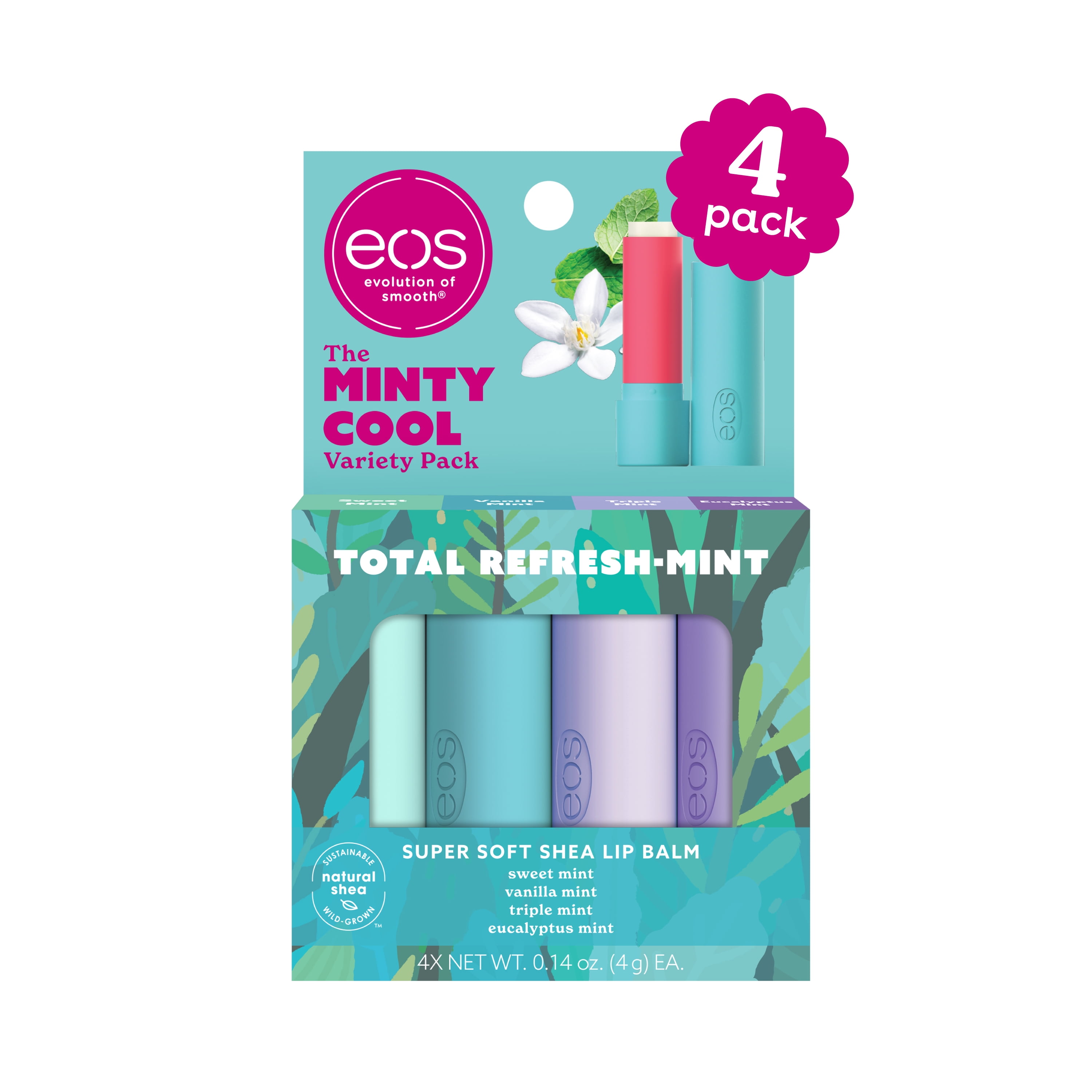 Eos Minty Cool Lip Balm Variety Mint Flavors, 0.14 oz, 4 per Pack