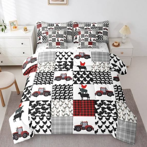 Eosebridal Farmhouse Comforter Set 7 Pieces Twin Size,Chicken Cow Farm Tractor Bedding Set,Farm Animals Bed in a Bag,Comforter + Sheets + Pillowcases + Cushion Covers