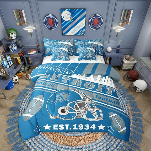 Eosebridal Football 7 Pieces Comforter Sets Twin Size Detroit Bedding Set for All Season Gifts for Football Fans Football City Bed in a Bag with Comforter,Sheets