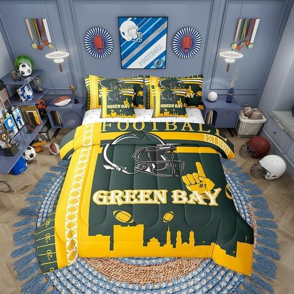 Eosebridal Football 7 Pieces Comforter Sets Twin Size Green Bay Bedding Set Rugby Sports Gifts for Football Fans Football City Bed in a Bag with Comforter,Sheets