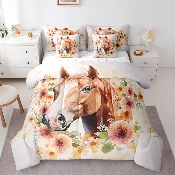 Eosebridal Horse Comforter Set 7 Pieces Twin Size,Floral Flower Bedding Set,Farm Farmhouse Bed in a Bag,Comforter + Sheets + Pillowcases + Cushion Covers