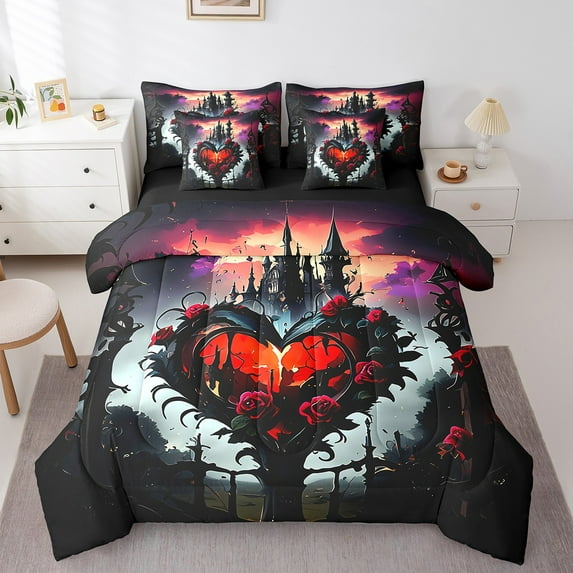 Eosebridal Castle Comforter Set 7 Pieces Twin Size Romantic Rose Bedding Set Goth Art Bed in a Bag,Comforter + Sheets + Pillowcases + Cushion Covers