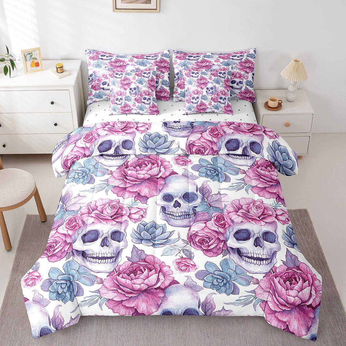 Skeleton Floral Rose Sugar Skull Girly Pattern Print Duvet Cover Bedding Set