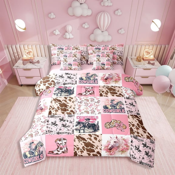 Erosebridal Girls 7 Pieces Queen Size Pink Cowgirl Comforter Set,Western Cow Print Bedding Set,Farm Horse Stitched Western Bed In A Bag,Comforter + Sheets + Pillowcases + Cushion Covers