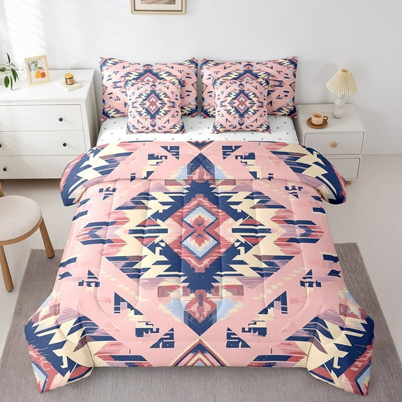 Eosebridal Rustic Southwestern Comforter Set 7 Pieces Full Size,Stitched Western Bedding Set,Tribal Pink Bed in a Bag,Comforter + Sheets + Pillowcases + Cushion Covers