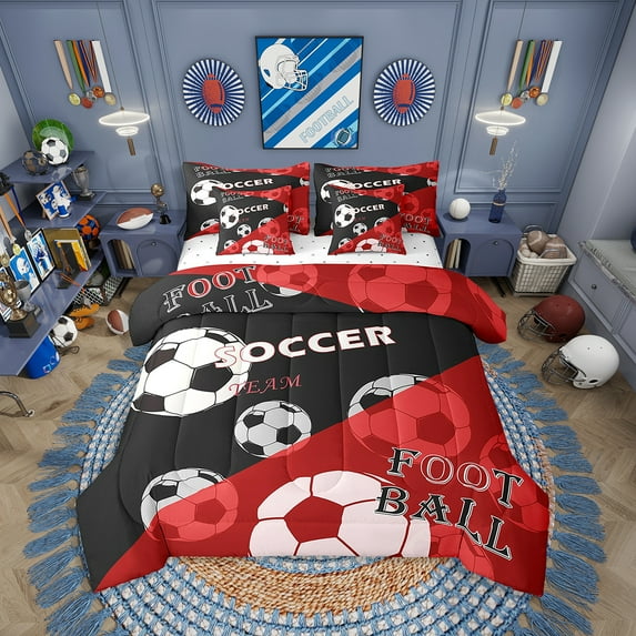 Eosebridal Soccer Comforter Set King Size 7 Pieces Football Games Red Bedding Set Sports Theme Bed in a Bag with Comforter,Sheets