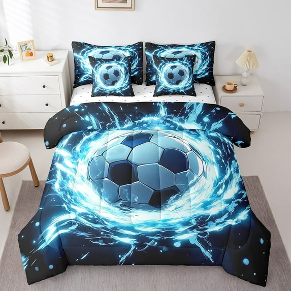 Eosebridal Soccer Comforter Set Twin Size 7 Pieces Football Games Blue Black Bedding Set Sports Theme Bed in a Bag with Comforter,Sheets