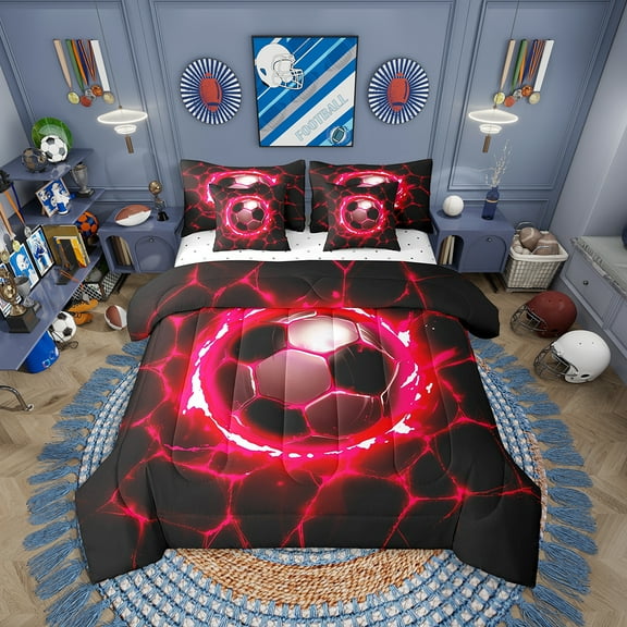 Eosebridal Soccer Comforter Set Twin Size 7 Pieces Football Games Pink Geometric Stripes Bedding Set Sports Theme Bed in a Bag with Comforter,Sheets