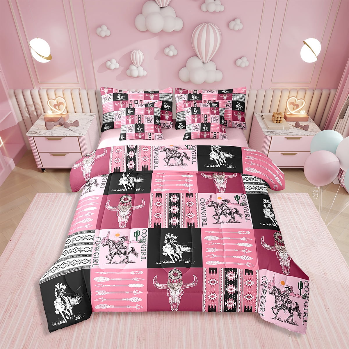 Western Cowboy Comforter Set Full Size - Red Cow & Cactus Print, 3-Piece Bedding With Pillowcases
