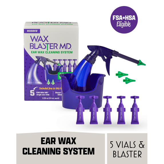 Eosera WAX BLASTER MD Ear Wax Cleaning Kit with Bottle, Basin, Three Tips, EAR WAX MD Wax Dissolving Drops, 5 Count