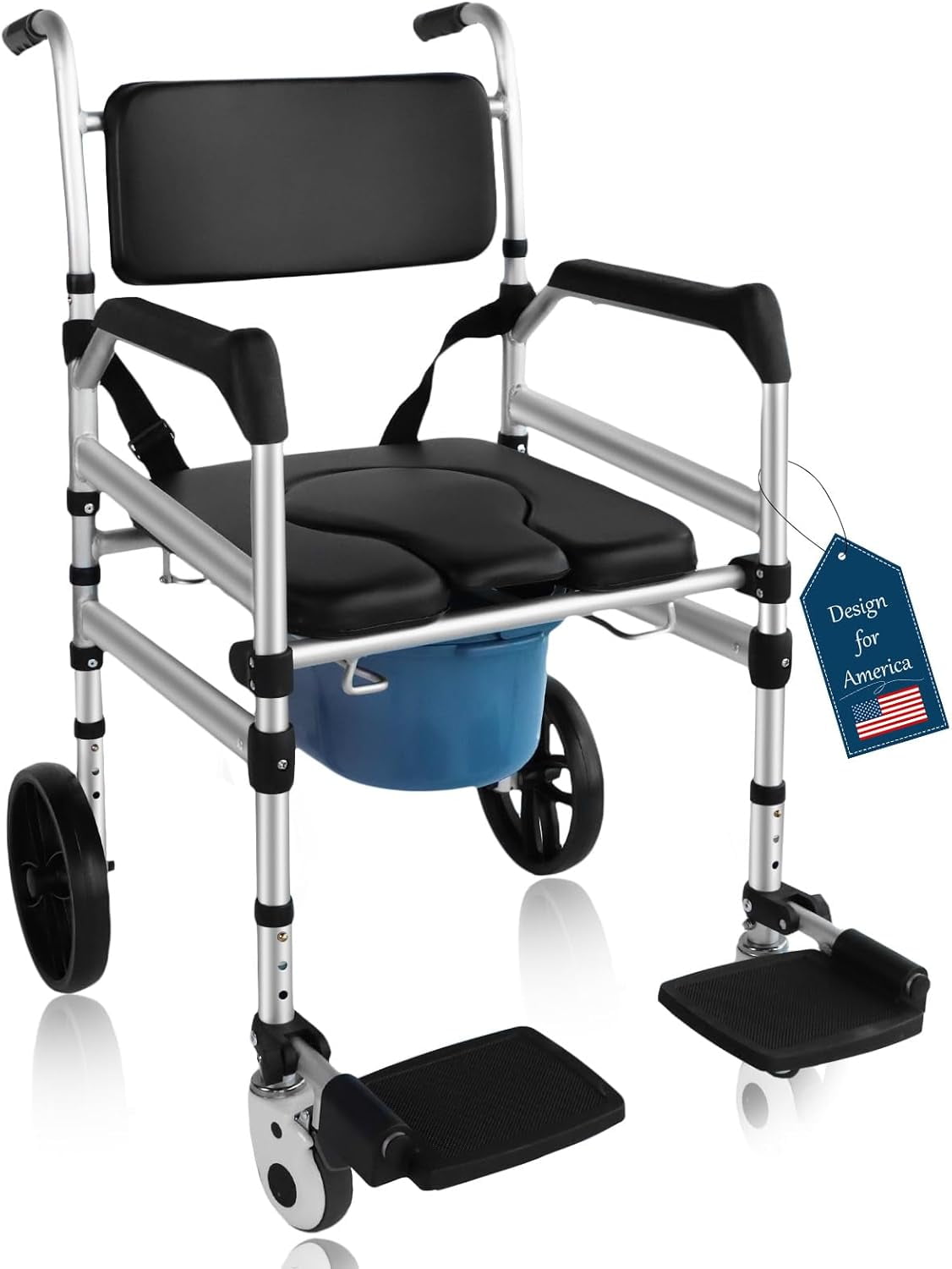 Eosprim Rolling Shower Chair with Handles Arms, Bedside Commode Chair with Wheel, Wheelchair for Elderly Disable,Heavy Duty Raised Toilet Seat Riser for Adults