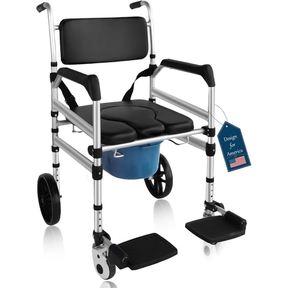 Eosprim Rolling Shower Chair with Handles Arms, Bedside Commode Chair with Wheel, Wheelchair for Elderly Disable,Heavy Duty Raised Toilet Seat Riser for Adults