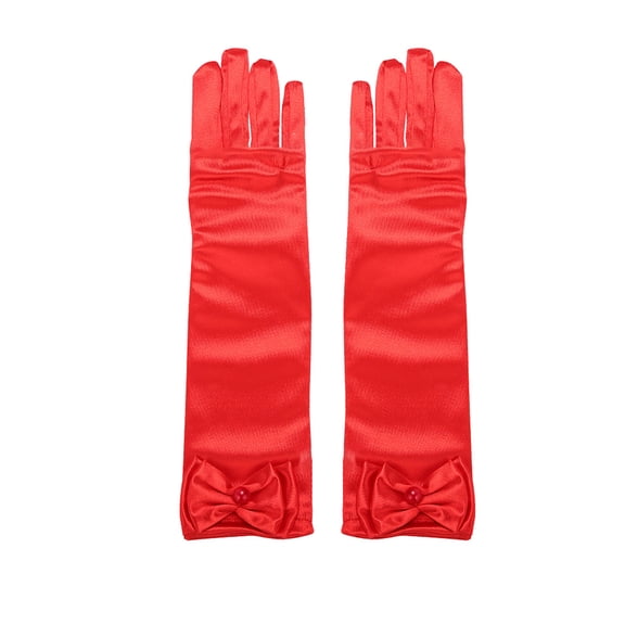 Eosunjian 1 Pair Children Performance Gloves Faux Pearl Bow Decor Solid Color Full Fingers Satin Flower Girls Gloves Princess Style Cosplay Gloves (Red)