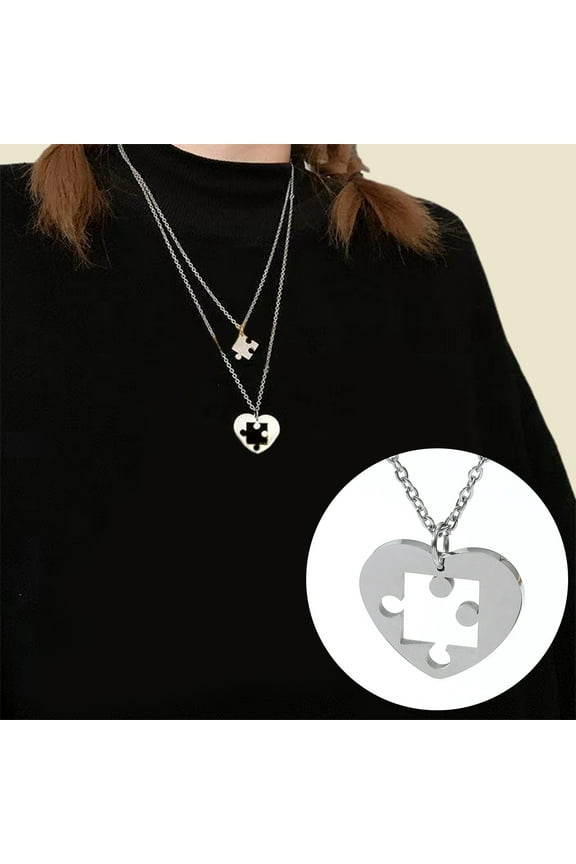 1 Pair Couple Necklaces Punk Style Hollow Out Matching Electroplating Meaningful Gift Jewelry Couple Love Puzzle Pendant Necklaces for Dating White