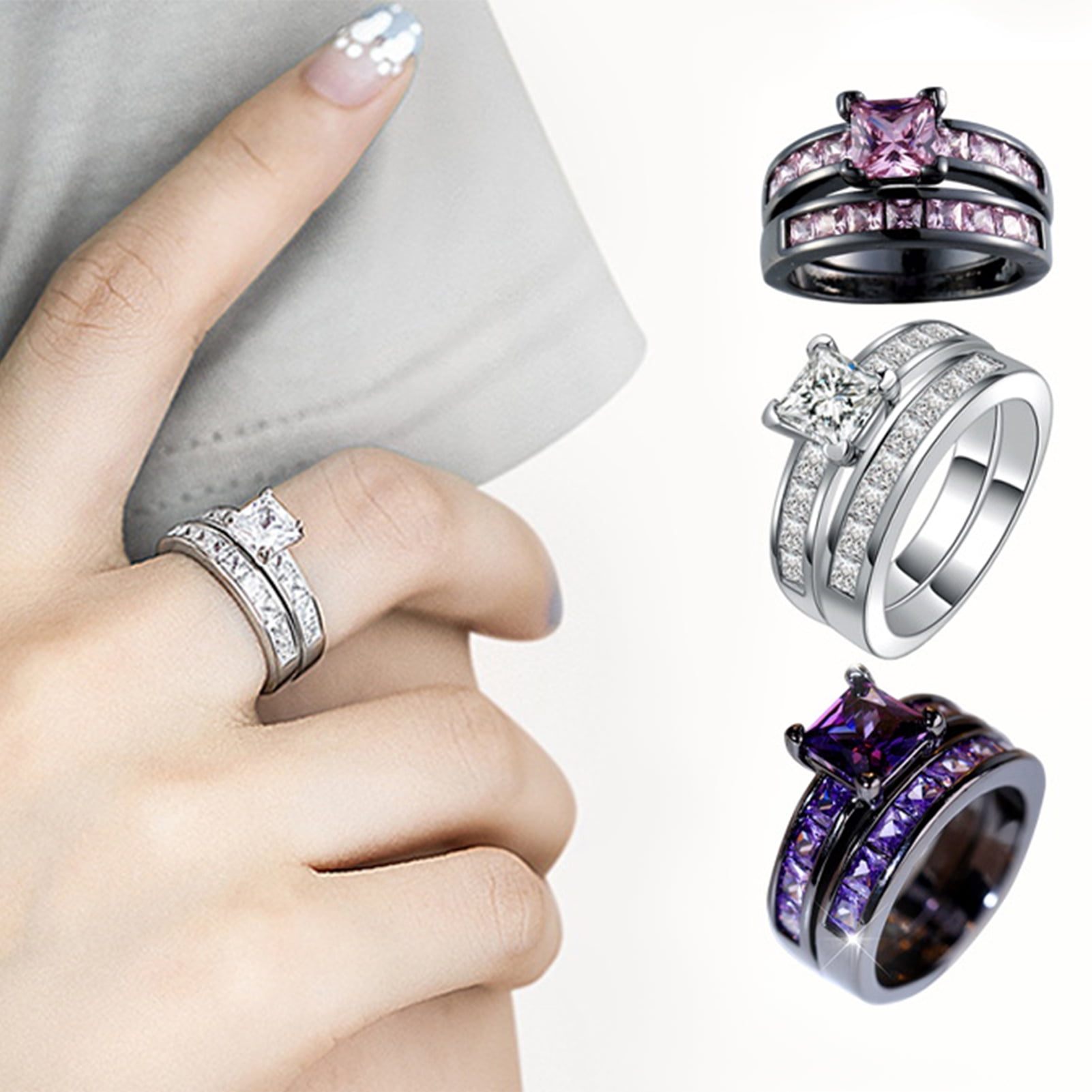 Eosunjian 1 Pair Couple Rings Geometric Rhinestone Decor Symbol of Love ...