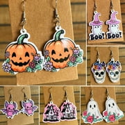 Eosunjian 1 Pair Cute Halloween Ghost Pumpkin Skull Castle Bat Shape Acrylic Dangle Earrings Women Girls Funny Jewelry Style F