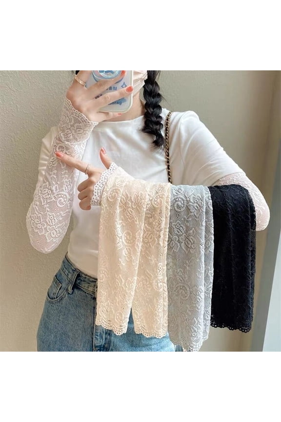 1 Pair Cycling Sun Protection Sleeves Lace Flower Embroidery Solid Color Thin Breathable Mesh Outdoor Driving Ani-UV Arm Covers Grey